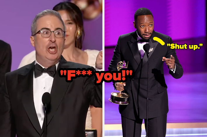 John Oliver angrily gestures on the left vs Lamorne Morris speaks on stage holding an award on the right