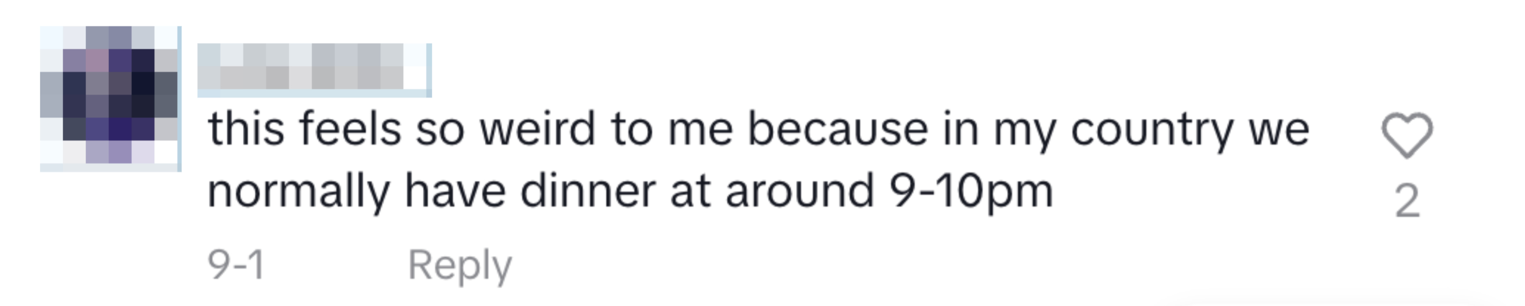 A comment by user "Luna UwU" stating, "this feels so weird to me because in my country we normally have dinner at around 9-10pm."