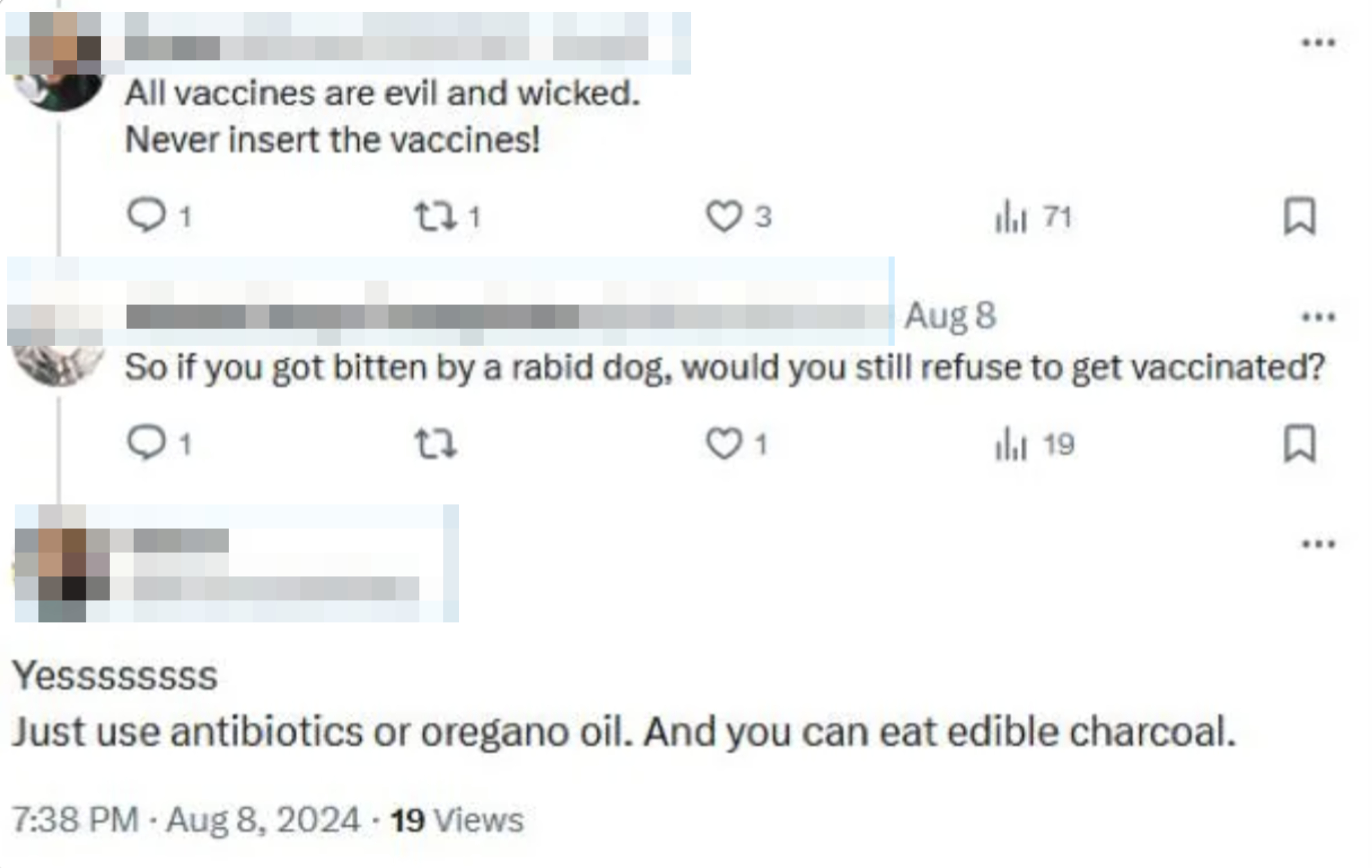 A user named tweets against vaccines. Another user questions her stance. Grace responds with alternative remedies