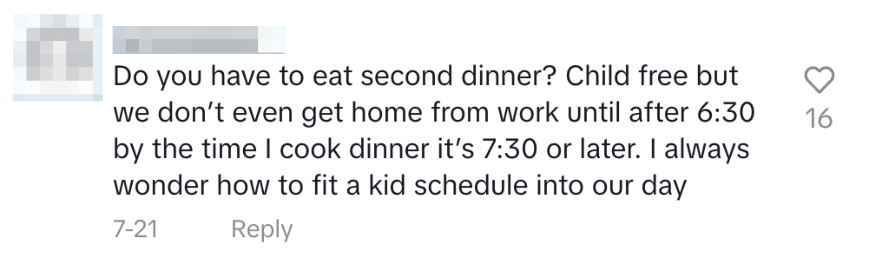 Social media post from careeeeeee expressing difficulty fitting a child's meal schedule into busy work evenings