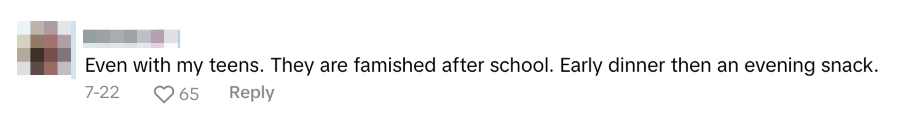 Comment by Michele with 65 likes and 2 hearts emoji: "Even with my teens. They are famished after school. Early dinner then an evening snack."