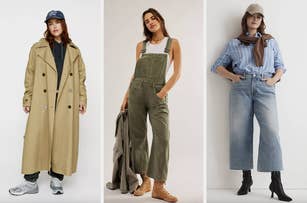 From left: model wearing a trench coat and hat, model in a buttoned dress with a thigh-high slit, and model in jeans and a striped shirt with a scarf