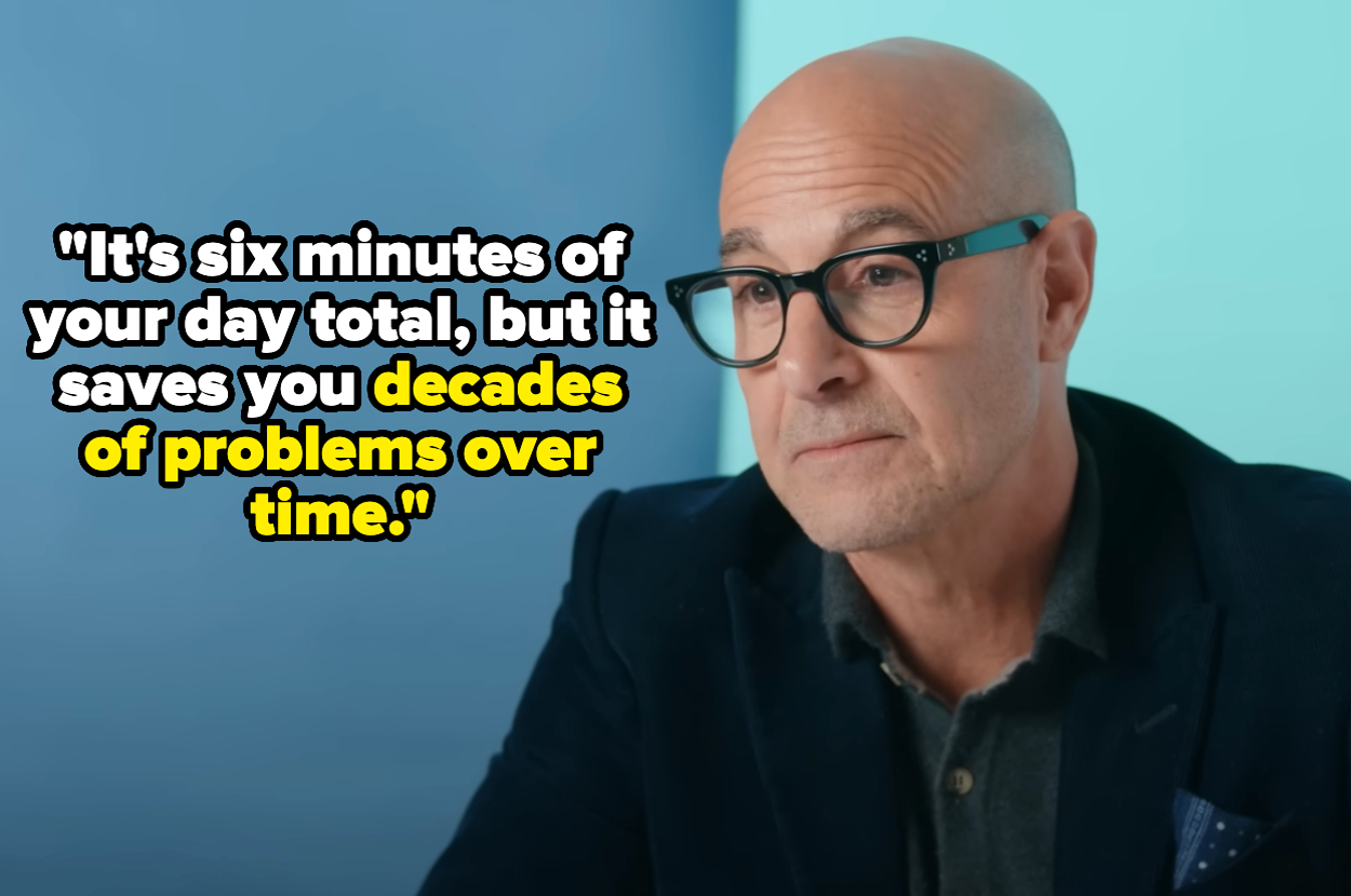Stanley Tucci, wearing glasses and a dark blazer, with a quote: "It's six minutes of your day total, but it saves you decades of problems over time."