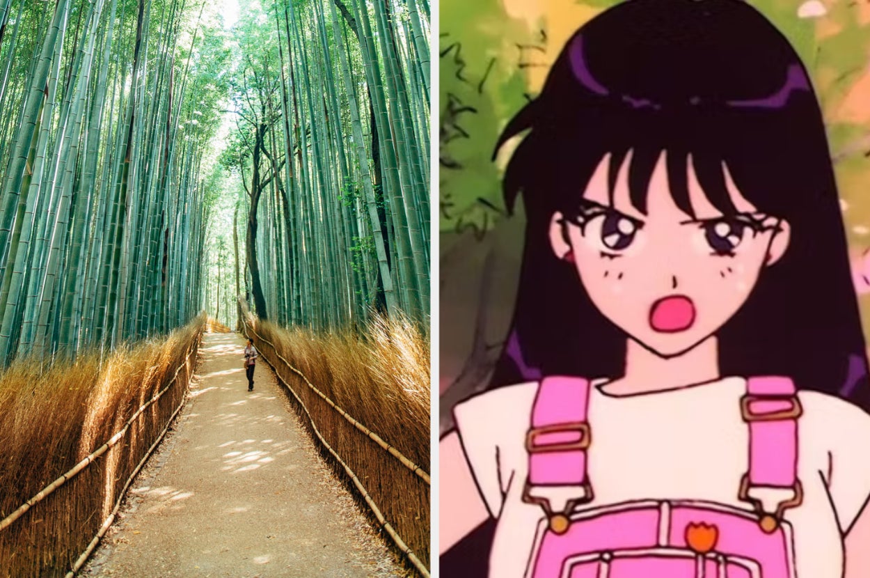Left image: A person walks alone down a path through a dense bamboo forest. Right image: A cartoon character with long dark hair in pink overalls looks angry