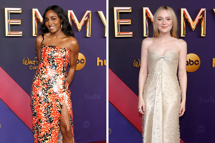 Jasmin Savoy Brown in a floral patterned strapless gown and Elle Fanning in an embellished strapless gown at the red carpet event