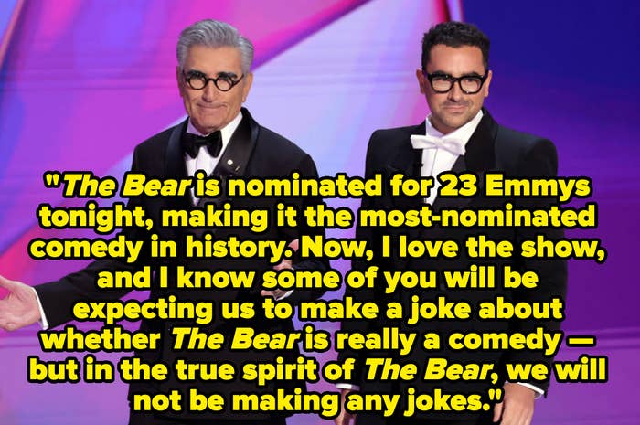 Eugene Levy and Dan Levy present at an awards ceremony with a quote about &quot;The Bear&quot; show being nominated for 23 Emmys and addressing if it is truly a comedy