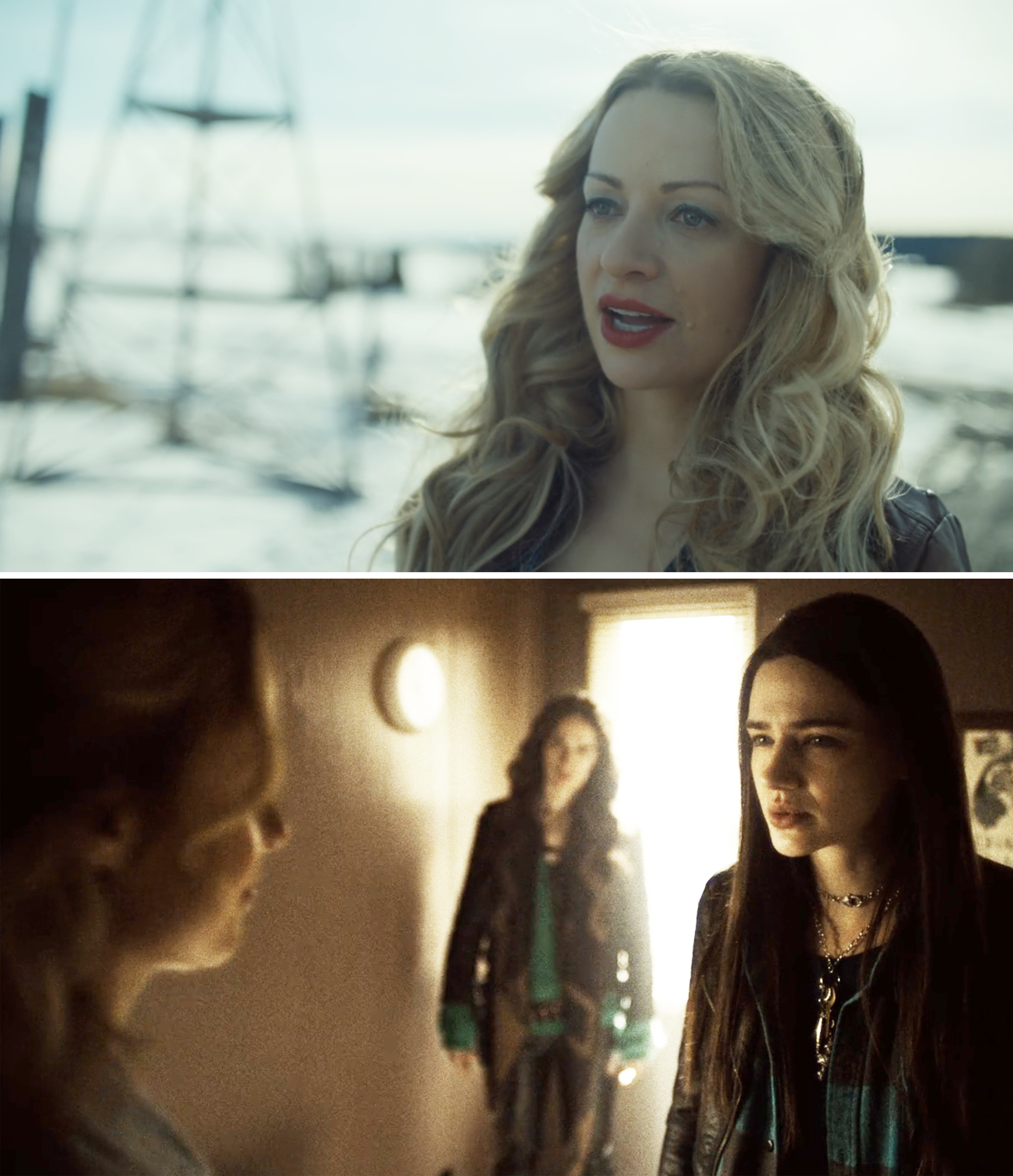 Top image: Mina looking serious outdoors. Bottom image: an older Wynonna Earp looks on at her younger self in a flashback