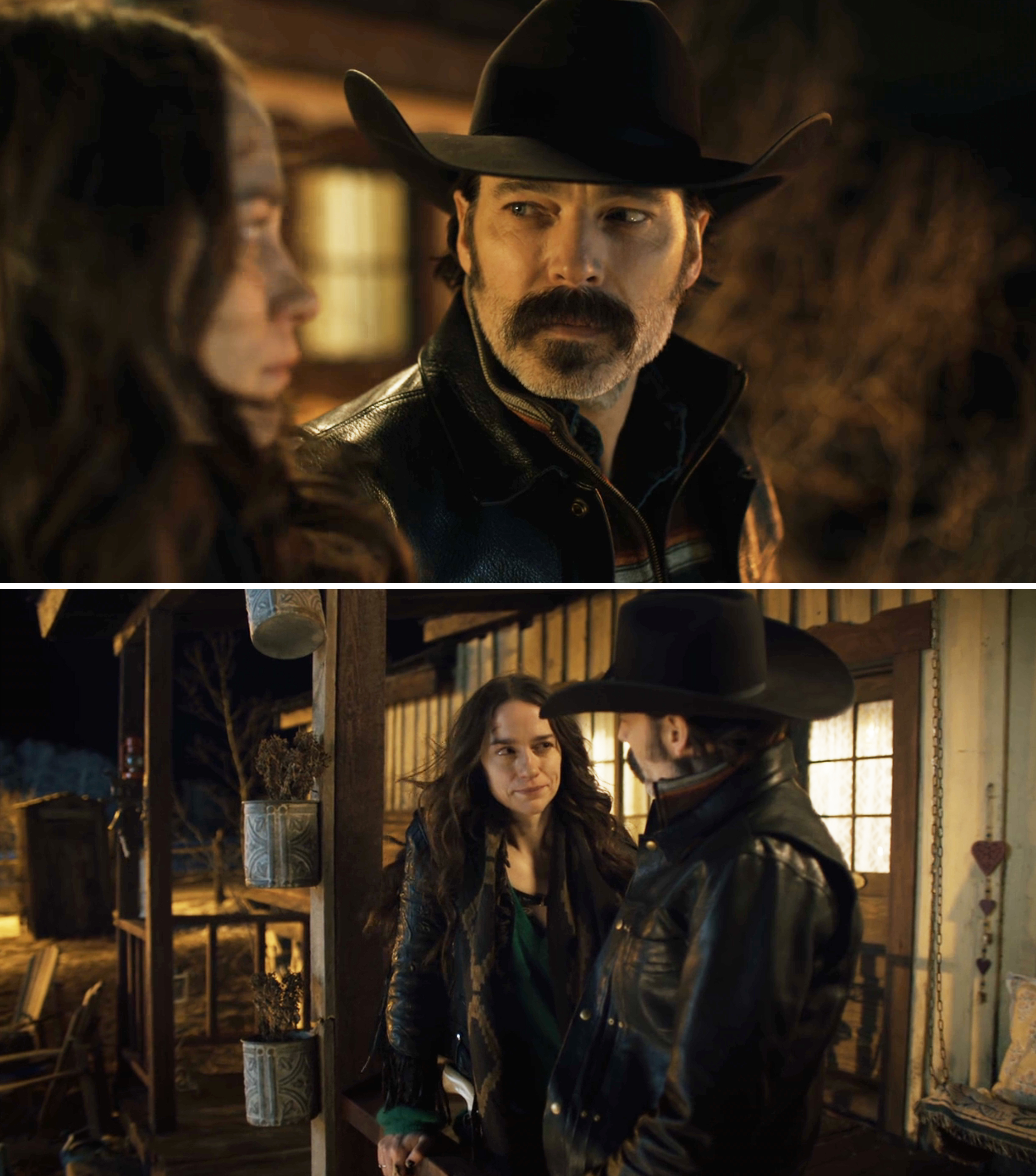 Tim Rozon and Melanie Scrofano in &quot;Wynonna Earp,&quot; wearing Western-style outfits, including cowboy hats and leather jackets, on a porch at night