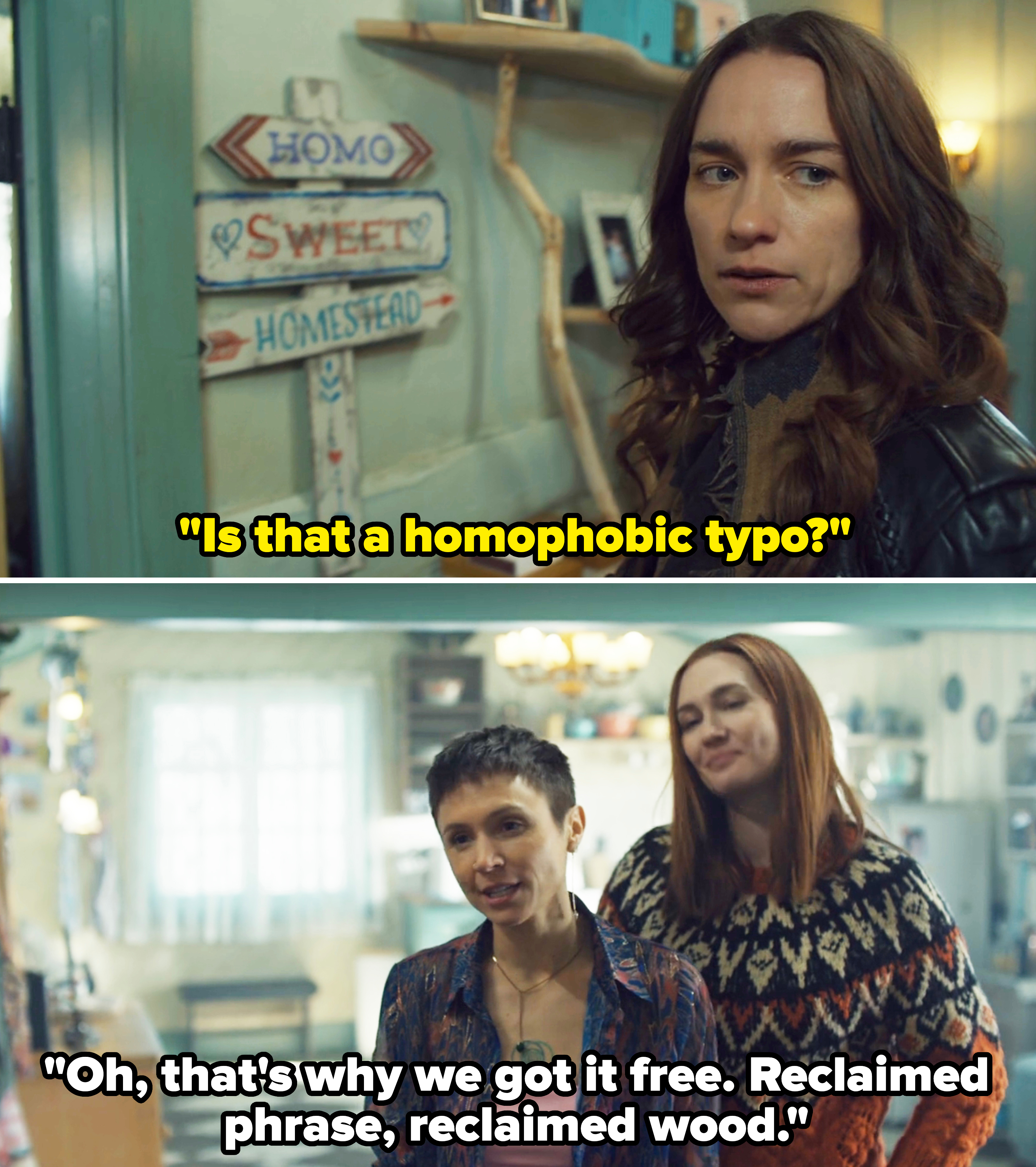 Top: Melanie Scrofano stands near a sign reading &quot;Home Sweet Homestead.&quot; Bottom: Dominique Provost-Chalkley and Katherine Barrell are smiling inside a kitchen