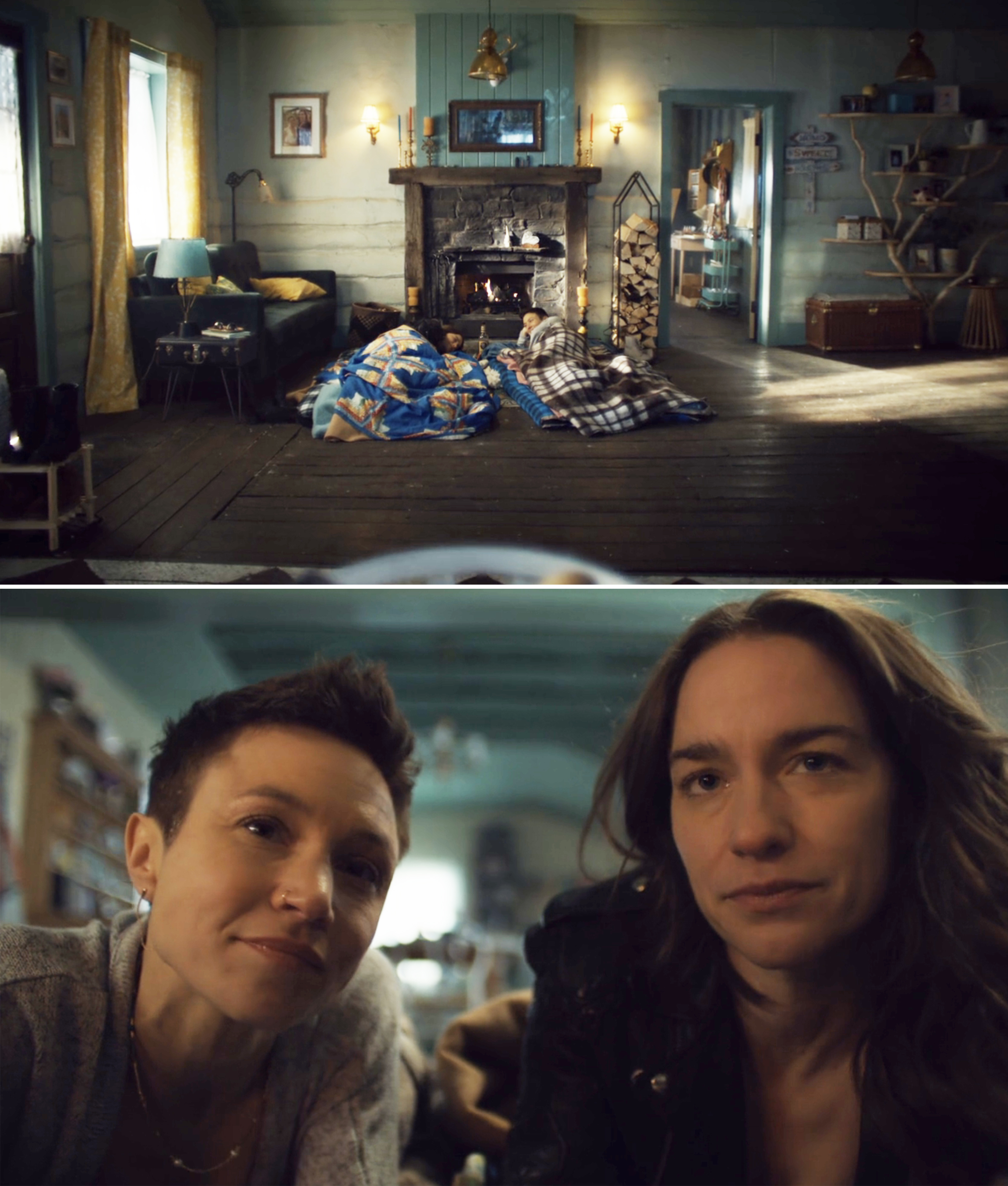 Two stills from the TV show &quot;Wynonna Earp.&quot; The first shows a cozy room with a fireplace; the second features Dominique Provost-Chalkley and Melanie Scrofano