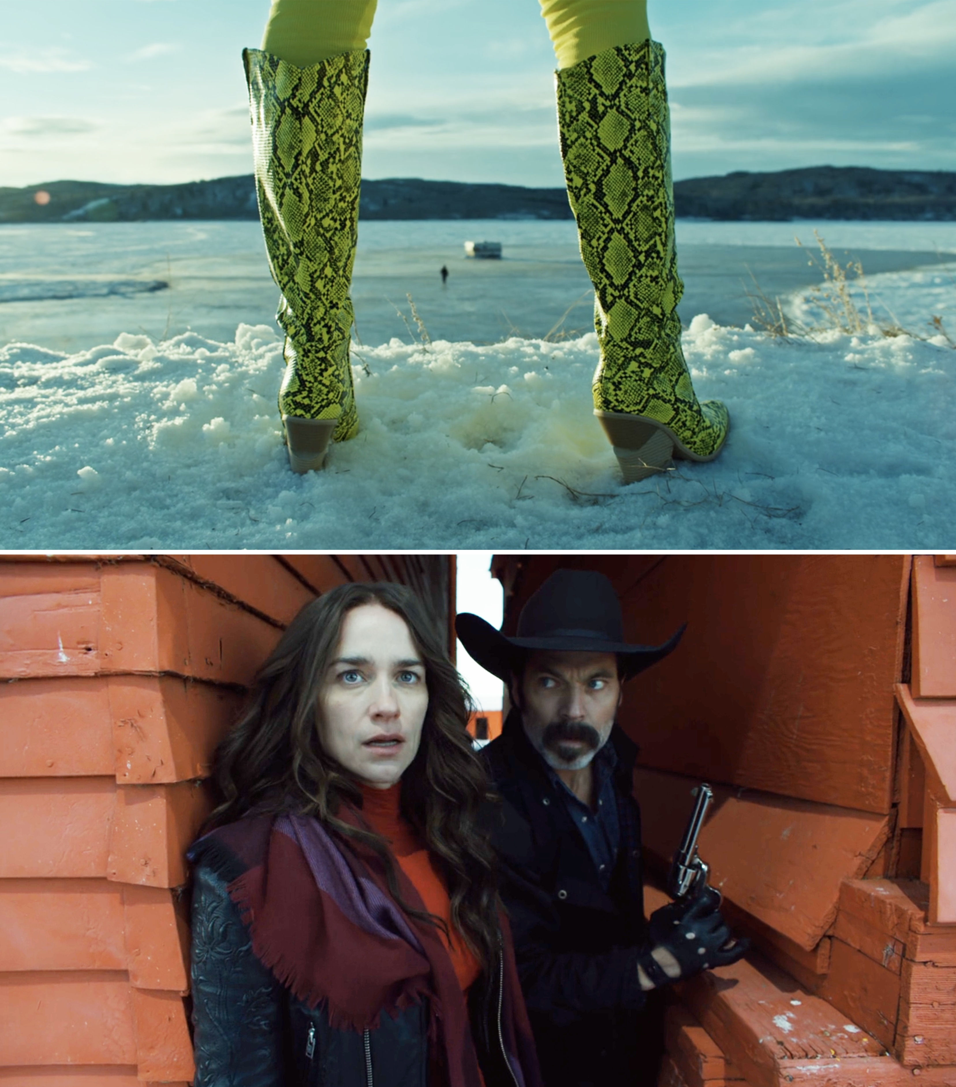 The image shows Melanie Scrofano and Tim Rozon in a scene from a TV show. The top part of the image features yellow snake-print boots in the snow