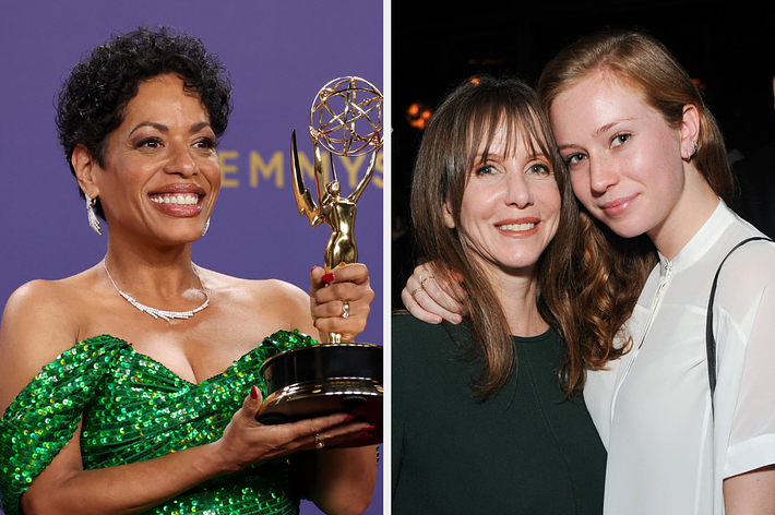 Left: Woman holding an Emmy Award, wearing an off-shoulder glittery dress. Right: Two women posing closely, one in a dark outfit, the other in a white top