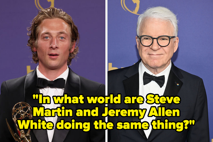 Split image: Jeremy Allen White in a tuxedo holding an Emmy award on the left, Steve Martin in a tuxedo on the right. Text reads: "In what world are Steve Martin and Jeremy Allen White doing the same thing?"