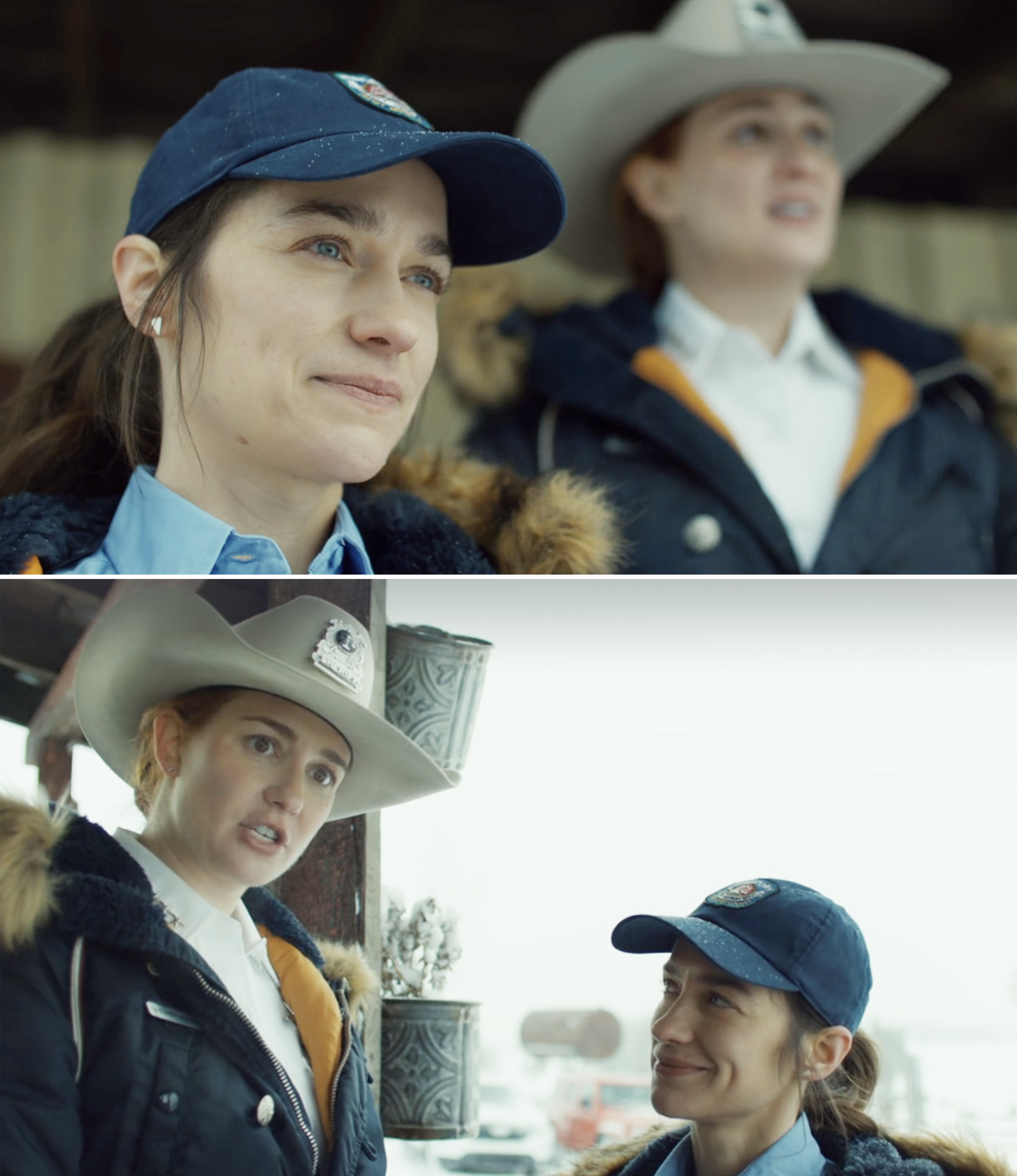 Two women, one with a navy cap and the other with a large cowboy hat, wear police uniforms in scenes from the show Fargo