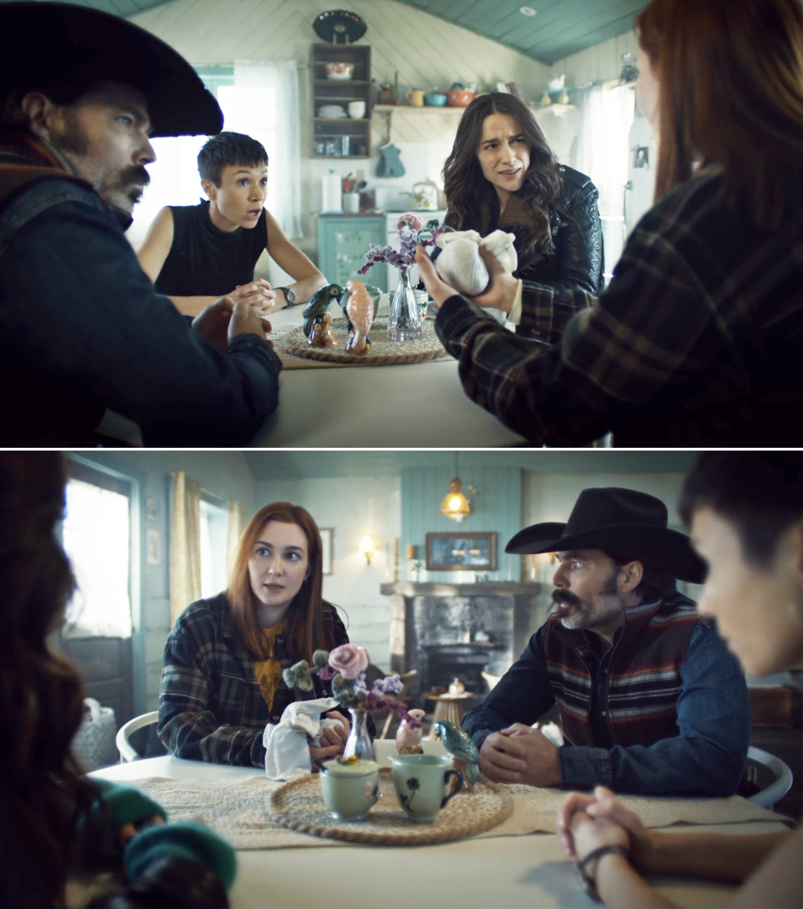 Top: Tim Rozon, Melanie Scrofano, and Dom Provost-Chalkley sit at a table having a conversation. Bottom: Melanie Scrofano, Tim Rozon, and Kat Barrell engaged in a discussion