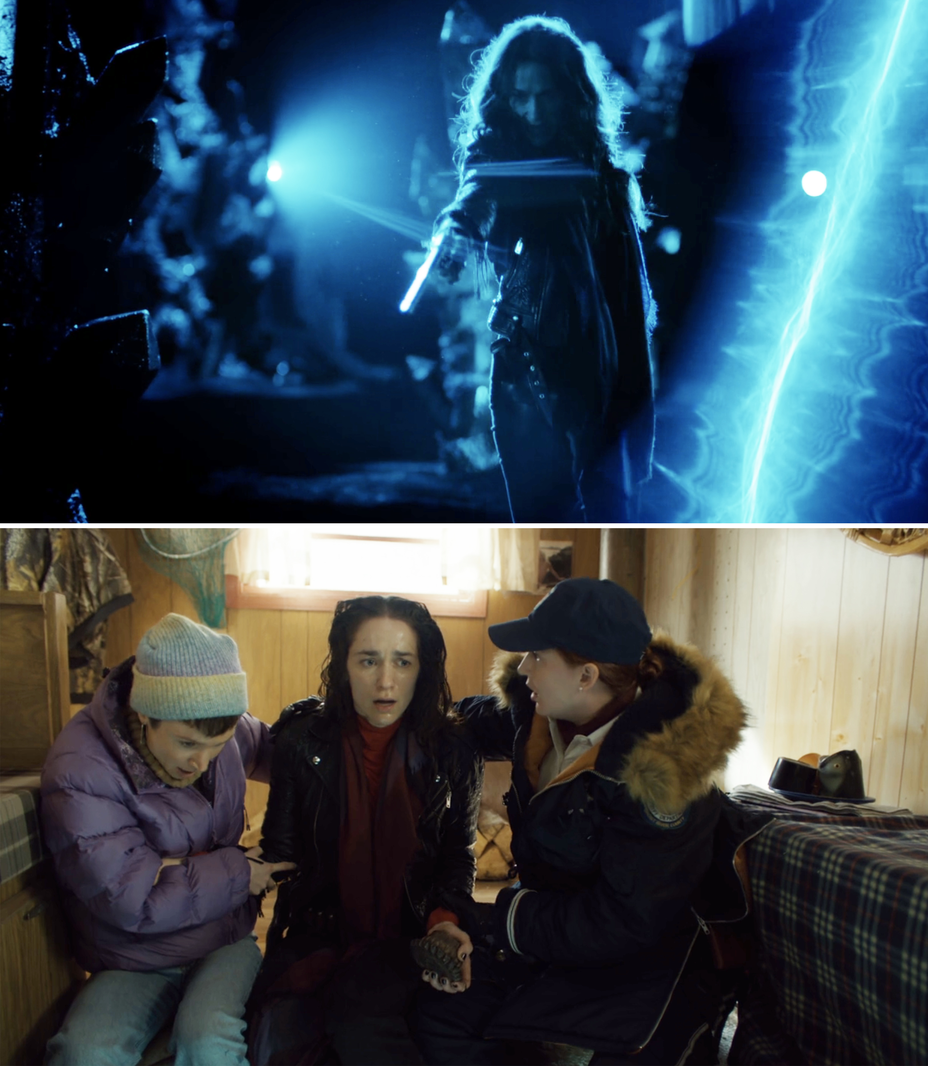 Top: Wynonna aiming Peacemaker. Bottom: Wynonna, soaking wet, as Waverly and Nicole look worried