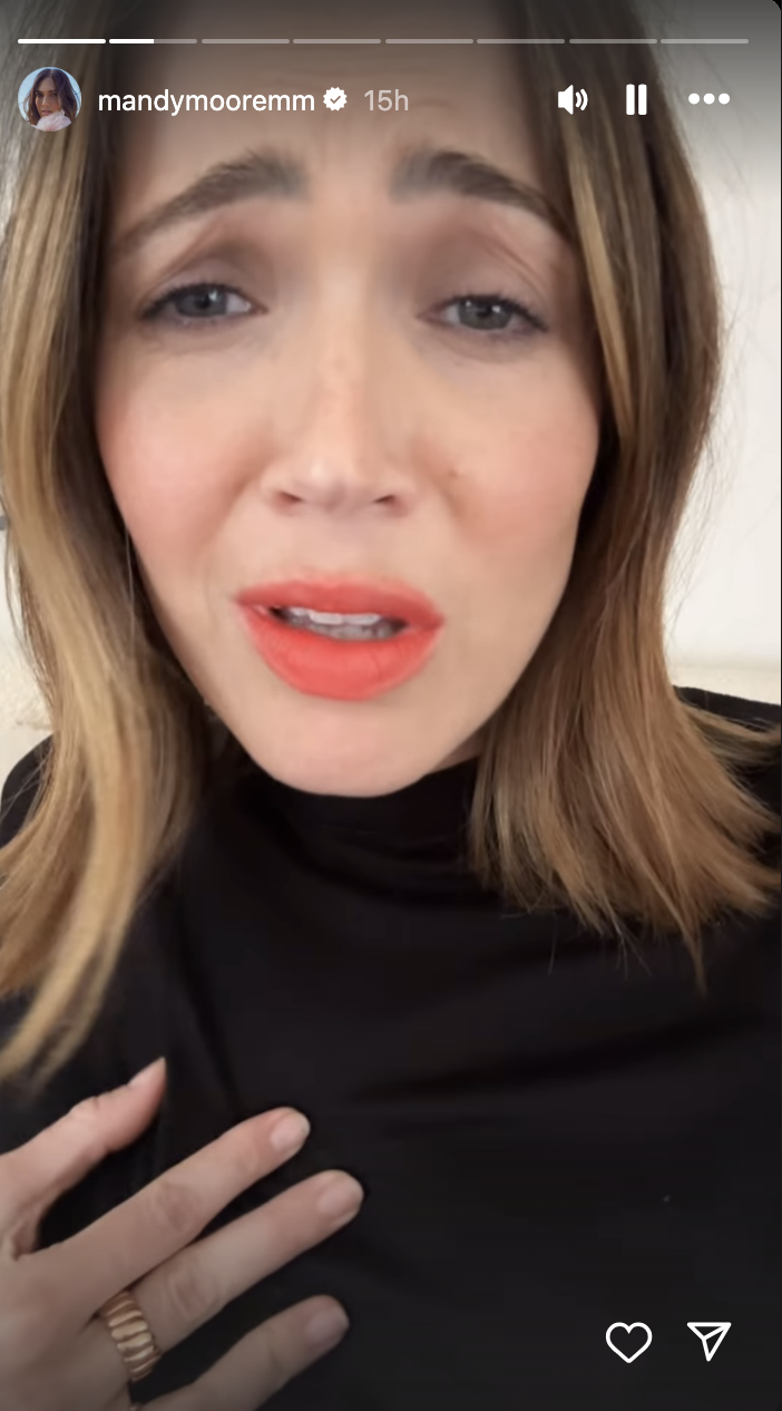 Mandy Moore appears emotional in a close-up selfie video posted to her Instagram Story