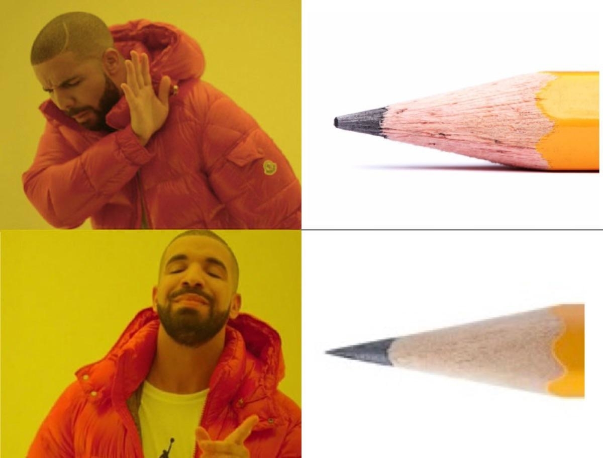 Drake meme: In the top image, Drake disapproves of a dull pencil. In the bottom image, Drake approves of a sharp pencil