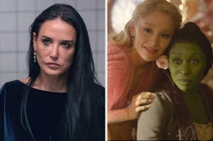Demi Moore appears upset with smeared makeup and tears. On the right, Ariana Grande dressed elegantly, leans on Cynthia Erivo who is dressed as Elphaba from Wicked