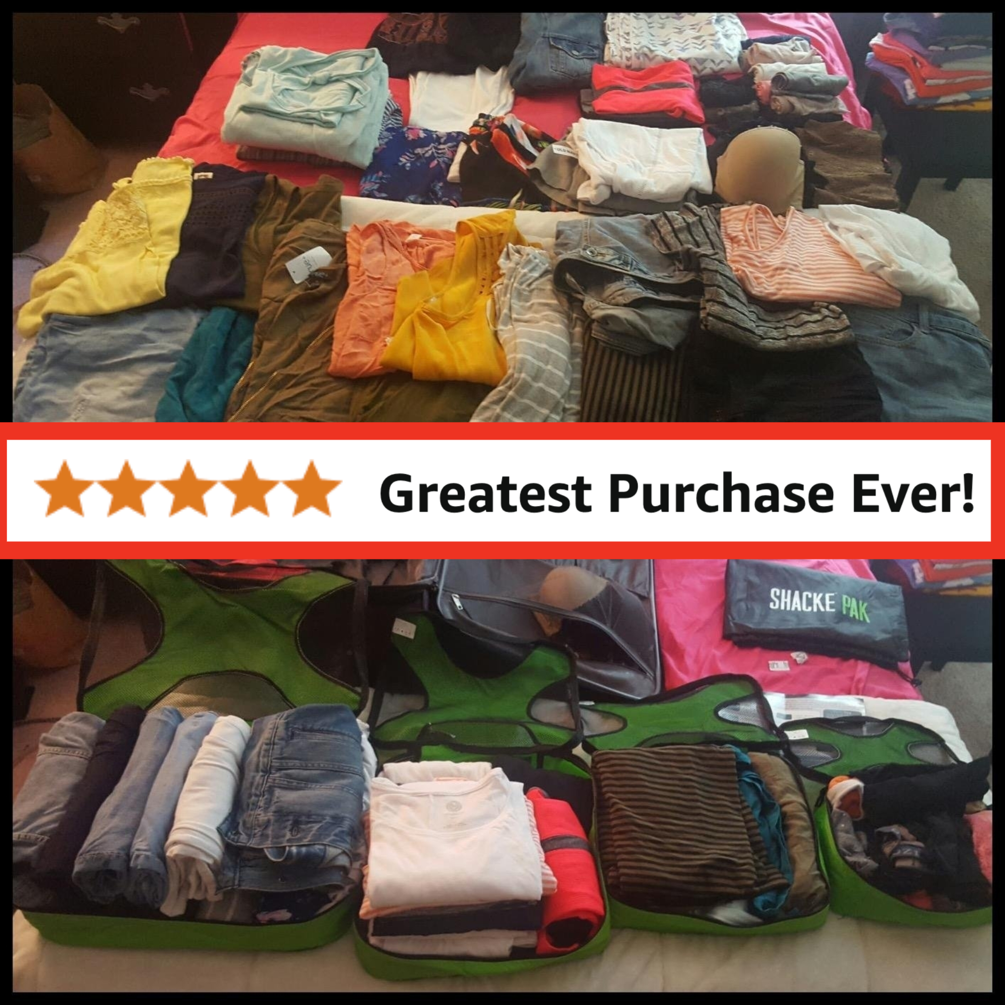 Clothes arranged on a bed above and neatly packed in green Shacke Pak travel organizers below