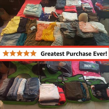 Clothes arranged on a bed above and neatly packed in green Shacke Pak travel organizers below