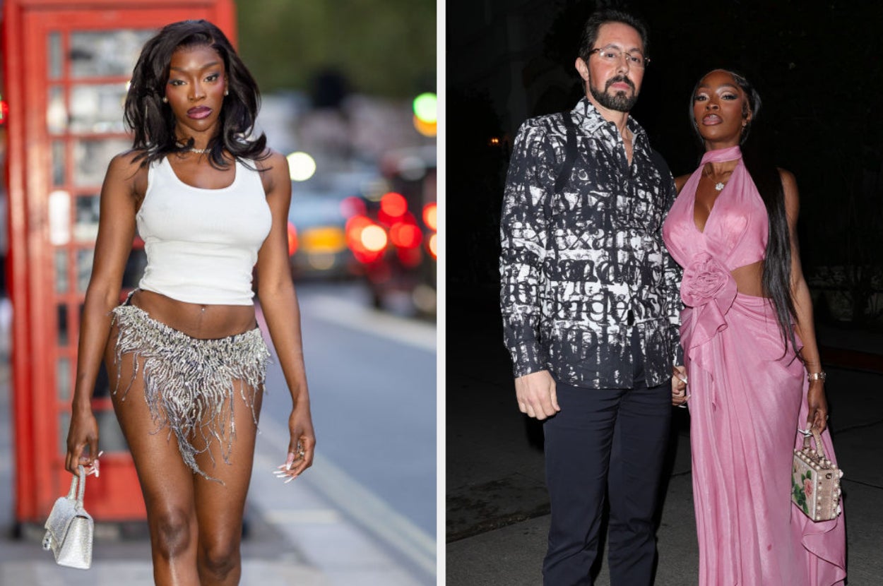 On the left, Idia Aisien in a white crop top and fringe mini skirt. On the right, Idia Aisien in a pink dress with a man in a patterned shirt