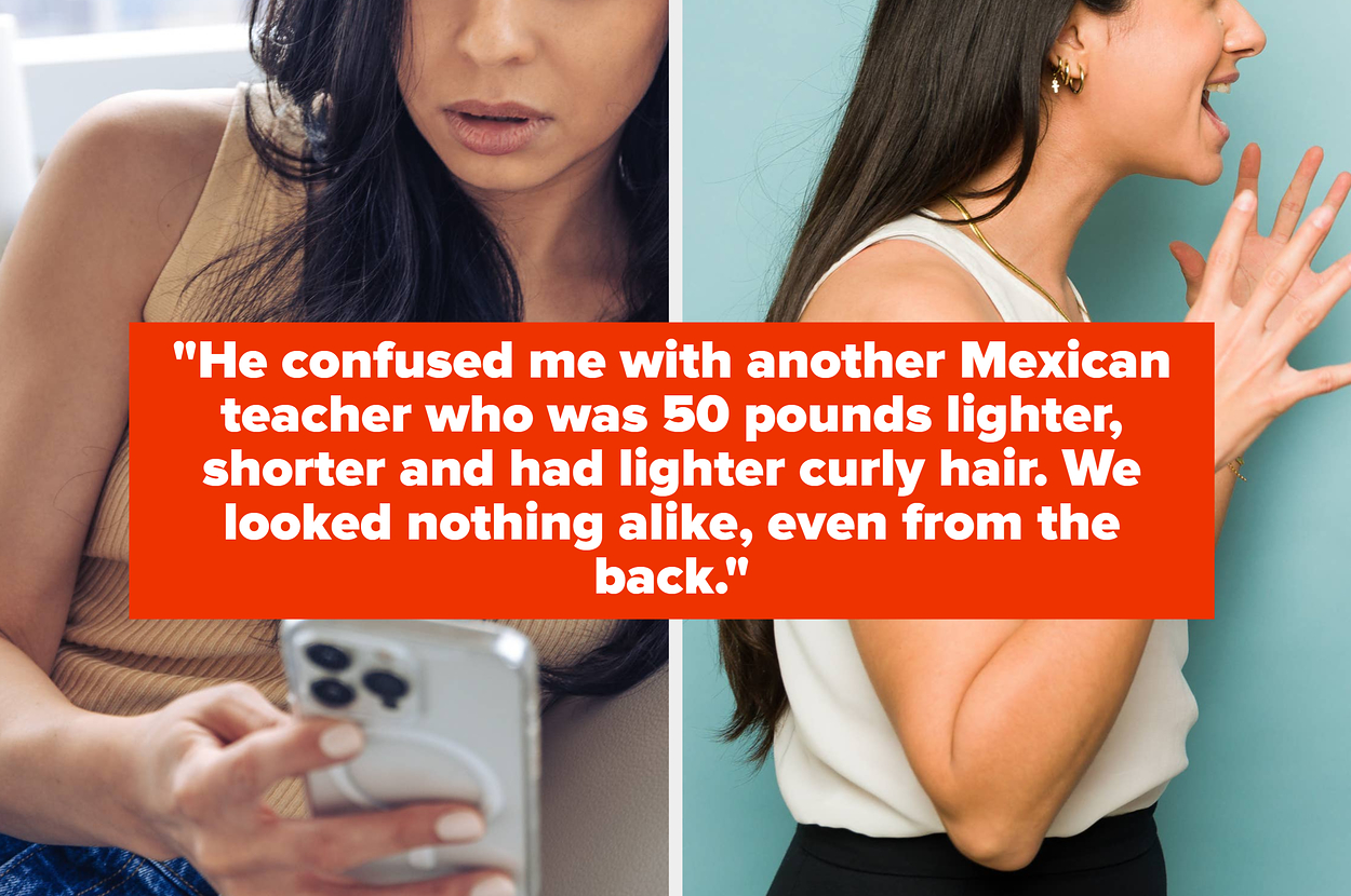 A woman looks at her phone distressed. Beside, a couple argues. Text: "He confused me with another Mexican teacher who was 50 pounds lighter, shorter and had lighter curly hair. We looked nothing alike, even from the back."
