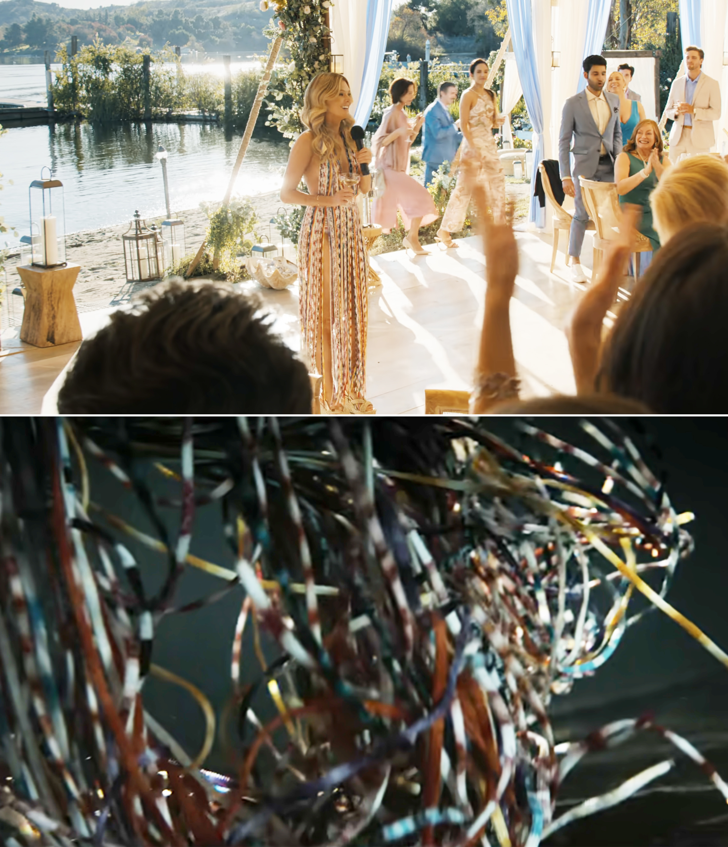 Meghann Fahy wearing a patterned, flowing dress, stands near a lakeside altar, addressing a crowd
