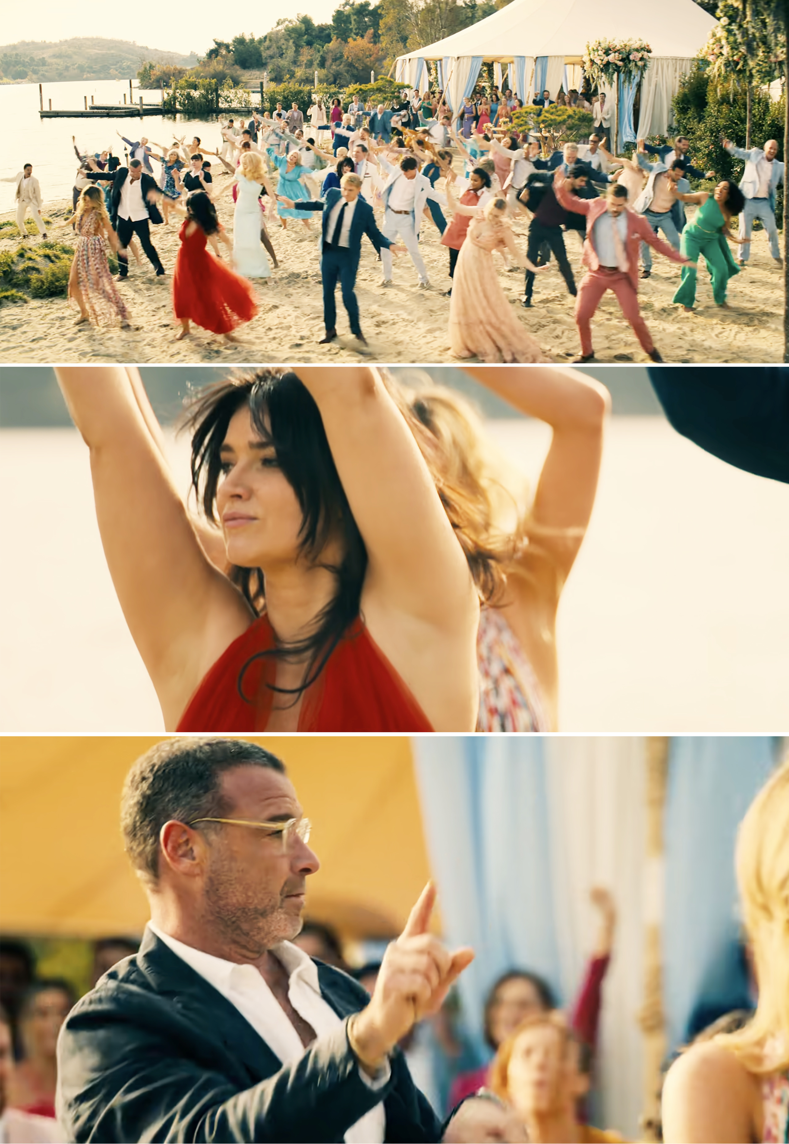 Scene from "The Perfect Couple" with a large group dancing on a beach, followed by a close-up of Eve Hewson in a red dress, and a final shot of Liev Schreiber gesturing