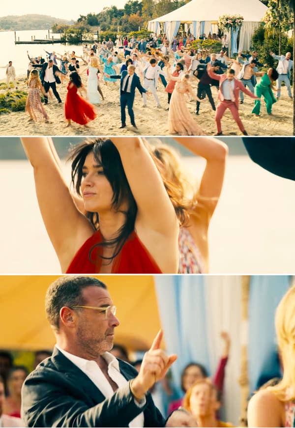 Scene from &quot;The Perfect Couple&quot; with a large group dancing on a beach, followed by a close-up of Eve Hewson in a red dress, and a final shot of Liev Schreiber gesturing