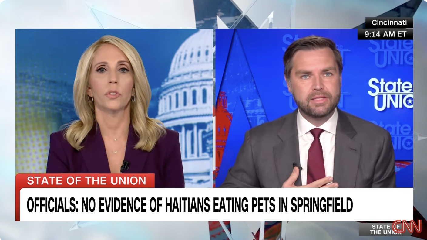 Dana Bash and J.D. Vance discuss a news headline "Officials: No Evidence of Haitians Eating Pets in Springfield" on CNN's State of the Union