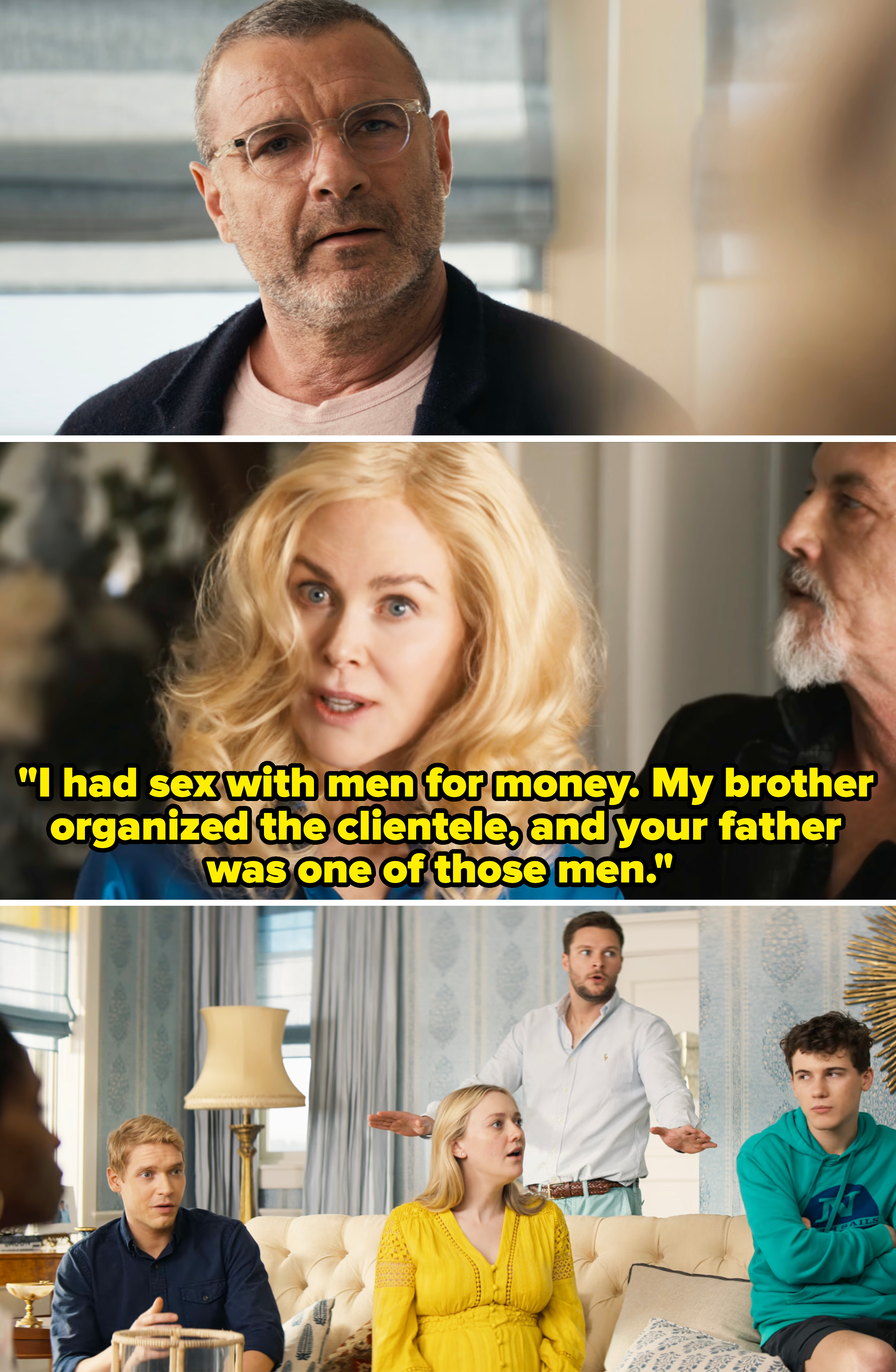 Scenes from "The Perfect Couple," featuring Liev Schreiber and Nicole Kidman. Nicole's Greer talking about being a former sex worker