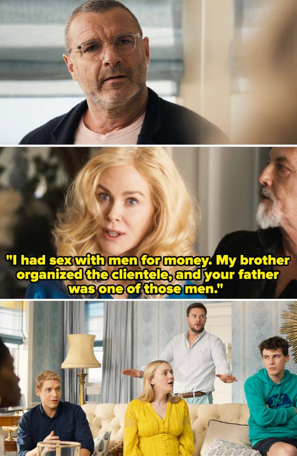 Scenes from &quot;The Perfect Couple,&quot; featuring Liev Schreiber and Nicole Kidman. Nicole&#x27;s Greer talking about being a former sex worker