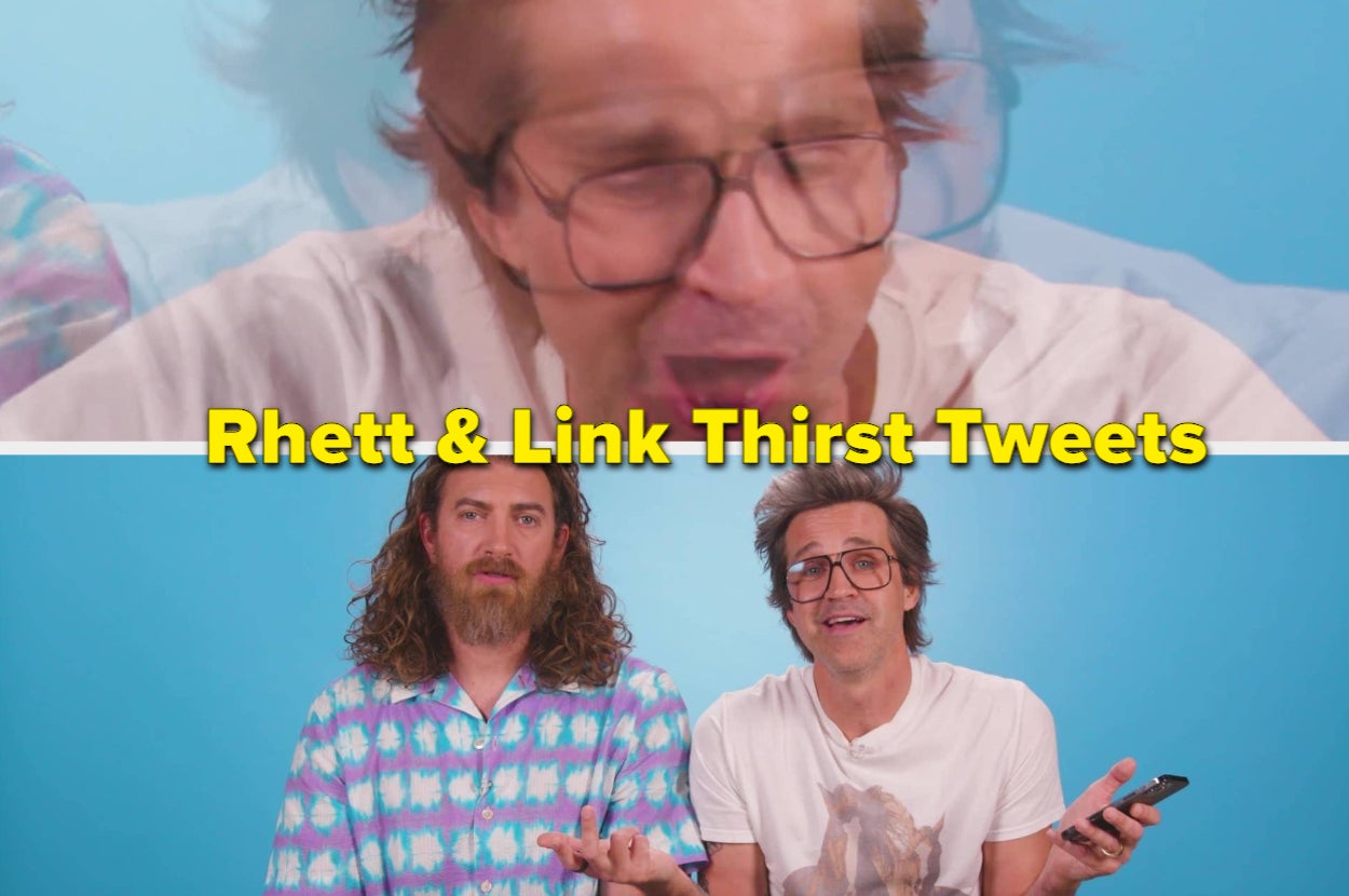 Rhett and Link read tweets. Top: Link with glasses and flannel. Bottom: Rhett in patterned shirt and Link in white tee, both engaging the camera. Text: "Rhett & Link Thirst Tweets."