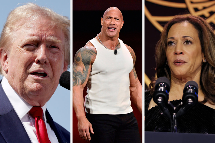 Donald Trump in a suit and red tie, Dwayne Johnson in a sleeveless top, and Kamala Harris in an off-the-shoulder top, each at separate events