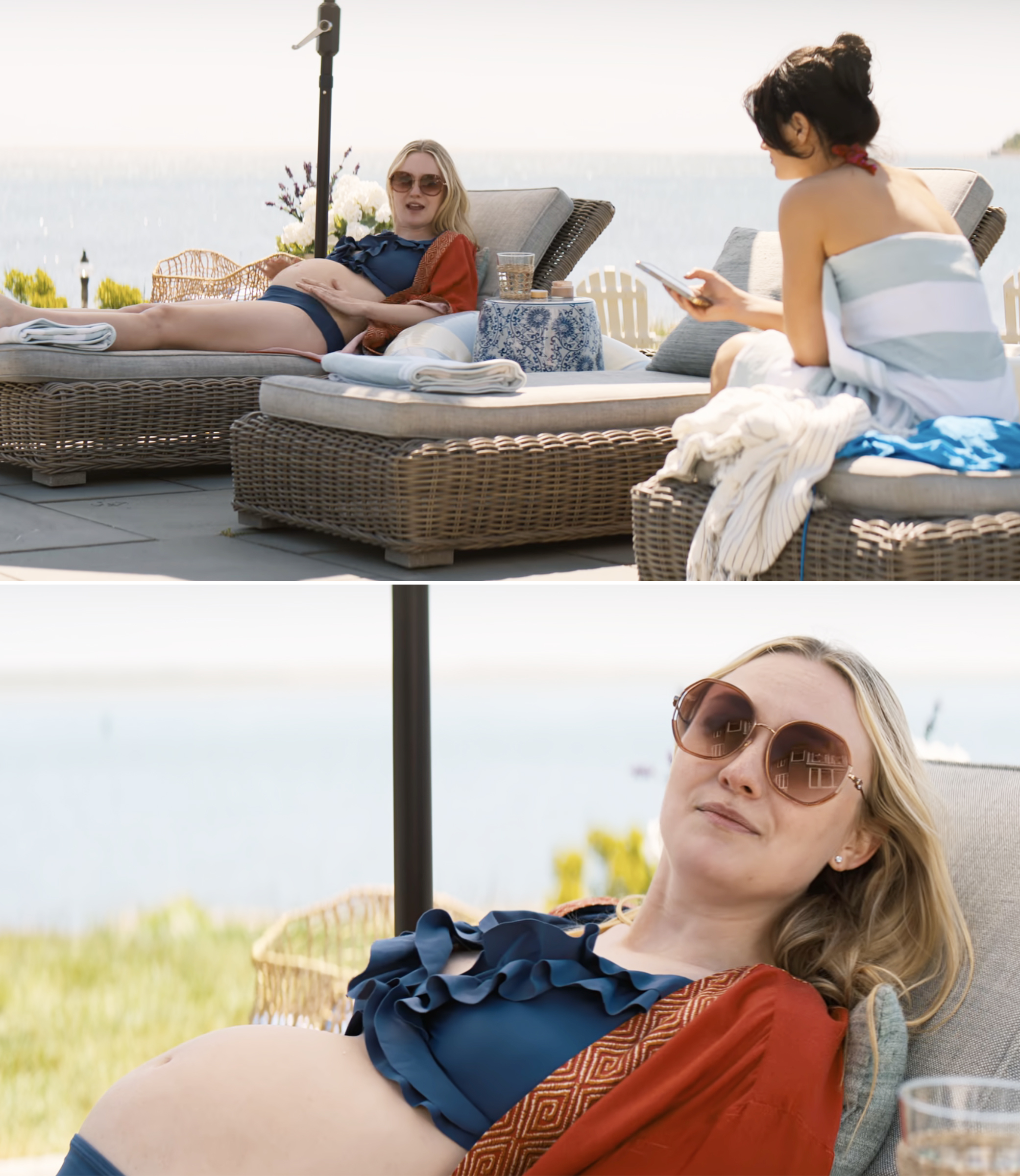 Dakota Fanning relaxes on a lounger in a swimsuit and shawl, while another woman sits nearby wrapped in a towel, facing away, with a seaside backdrop
