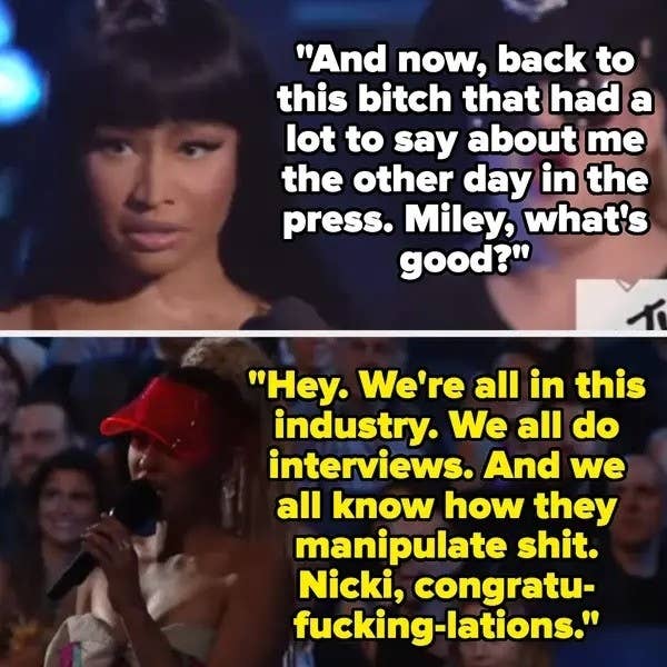 Nicki Minaj and Miley Cyrus during a heated exchange at an awards show. Nicki questions Miley about recent comments in the press, and Miley responds defensively