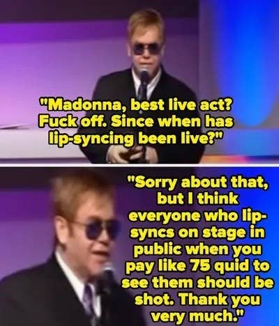 Elton John criticizes lip-syncing in live performances, questioning Madonna&#x27;s award and stating that artists who lip-sync shouldn&#x27;t be paid for live shows