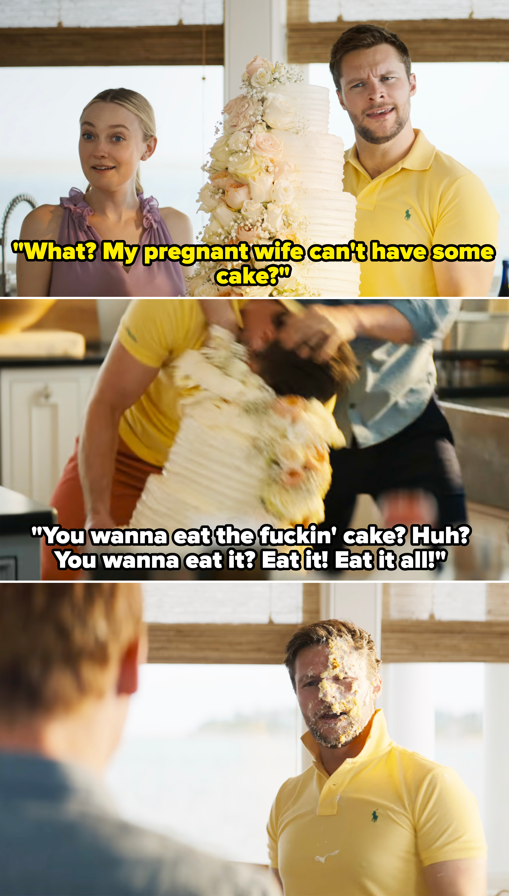 Three images from "The Perfect Couple": Abby in a sleeveless top and Thomas in a yellow polo shirt stand by a tall wedding cake. Thomas is later seen with his face in the cake