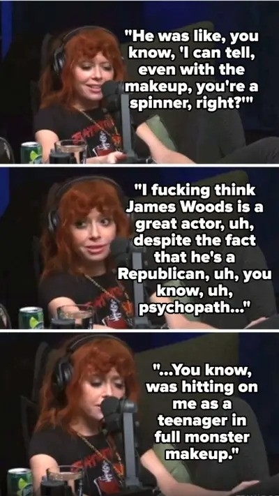 Natasha Lyonne speaking into a microphone on a podcast, recounting an experience with James Woods, highlighting his political affiliation and hitting on her as a teenager