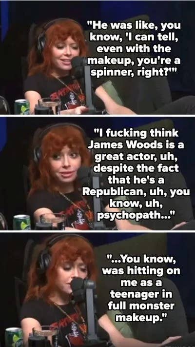 Natasha Lyonne speaking into a microphone on a podcast, recounting an experience with James Woods, highlighting his political affiliation and hitting on her as a teenager