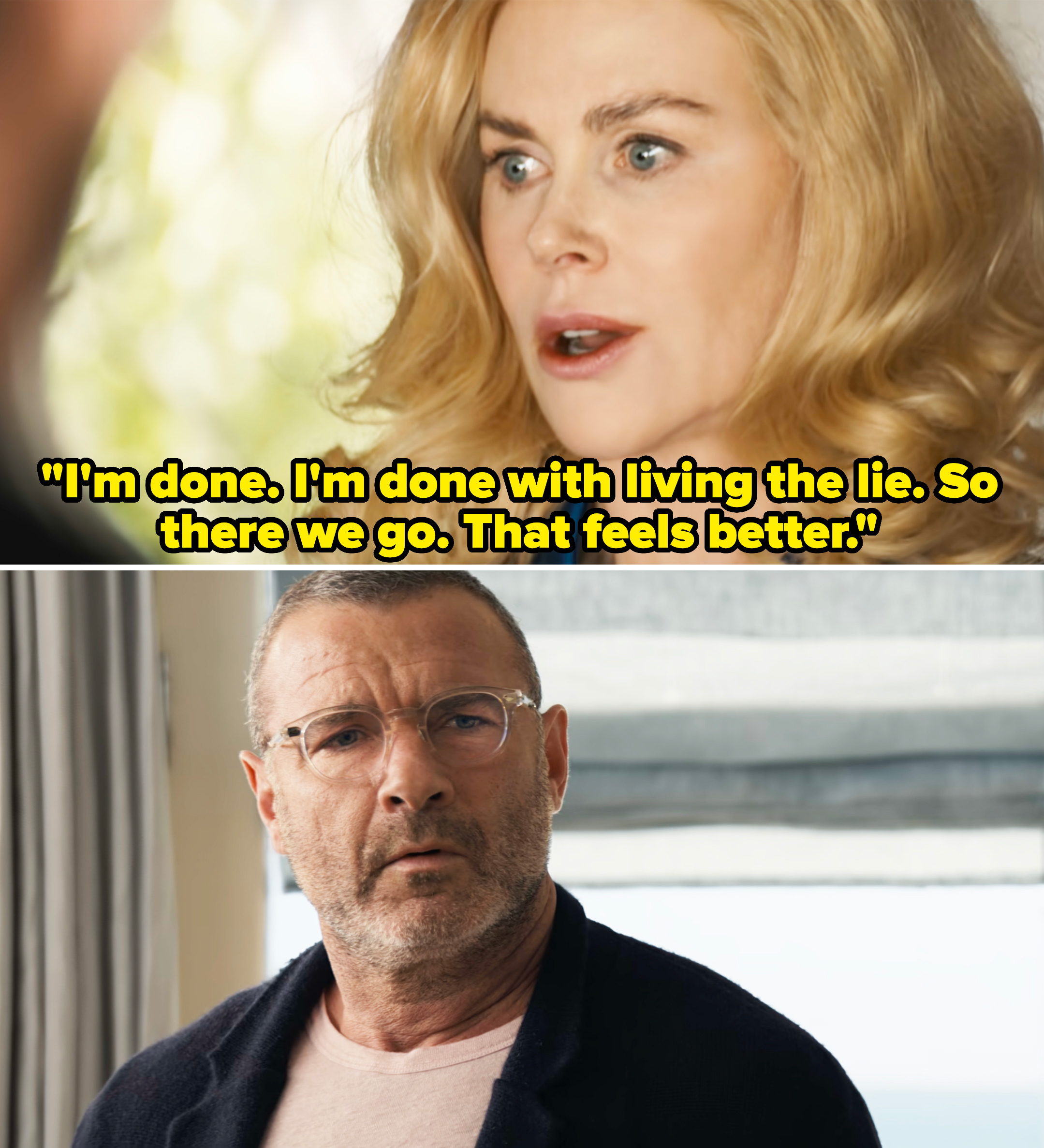 Nicole Kidman and Liev Schreiber in dramatic scenes, with Kidman looking surprised and Schreiber looking concerned