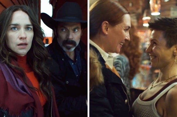 In a split image, characters from "Wynonna Earp" are shown. Left: Melanie Scrofano and Tim Rozon looking concerned. Right: Kat Barrell and Dom Provost-Chalkley smiling