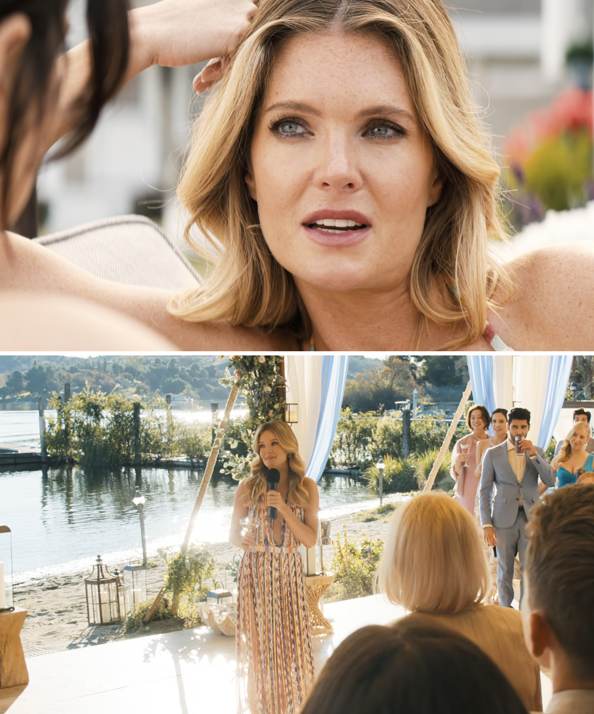 Top: Close-up of a Meghan Fahy talking outdoors. Bottom: Meghan Fahy, wearing a striped dress, speaks into a microphone in front of a seated crowd by a lake
