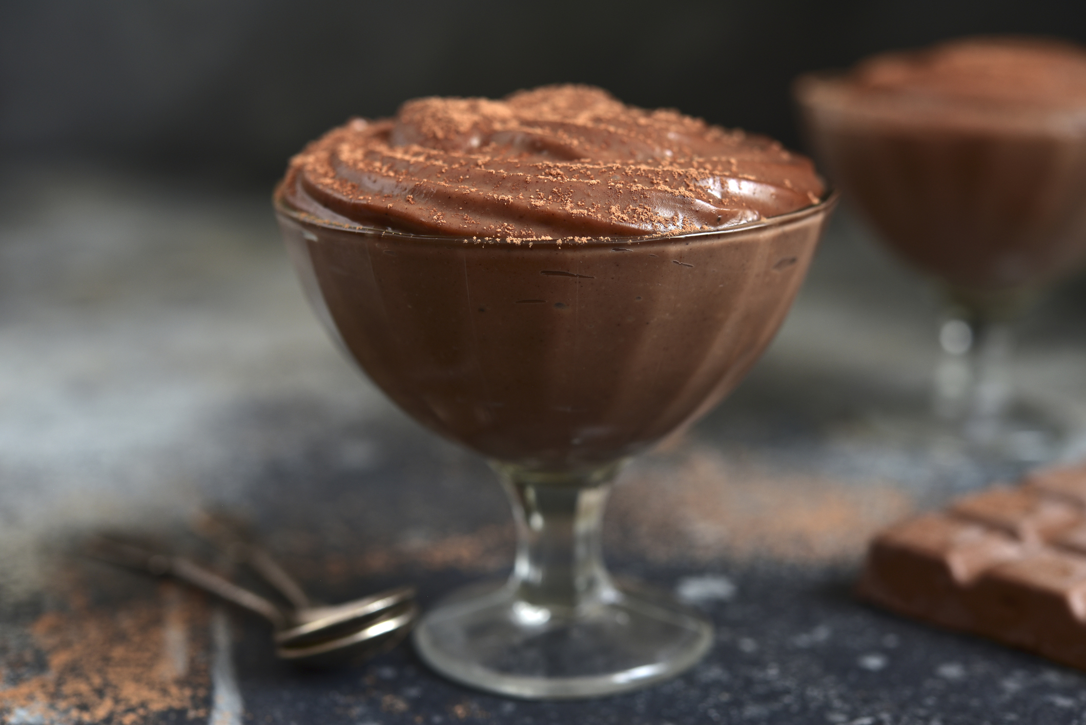 Chocolate mousse in a glass dish, garnished with a light dusting of cocoa powder