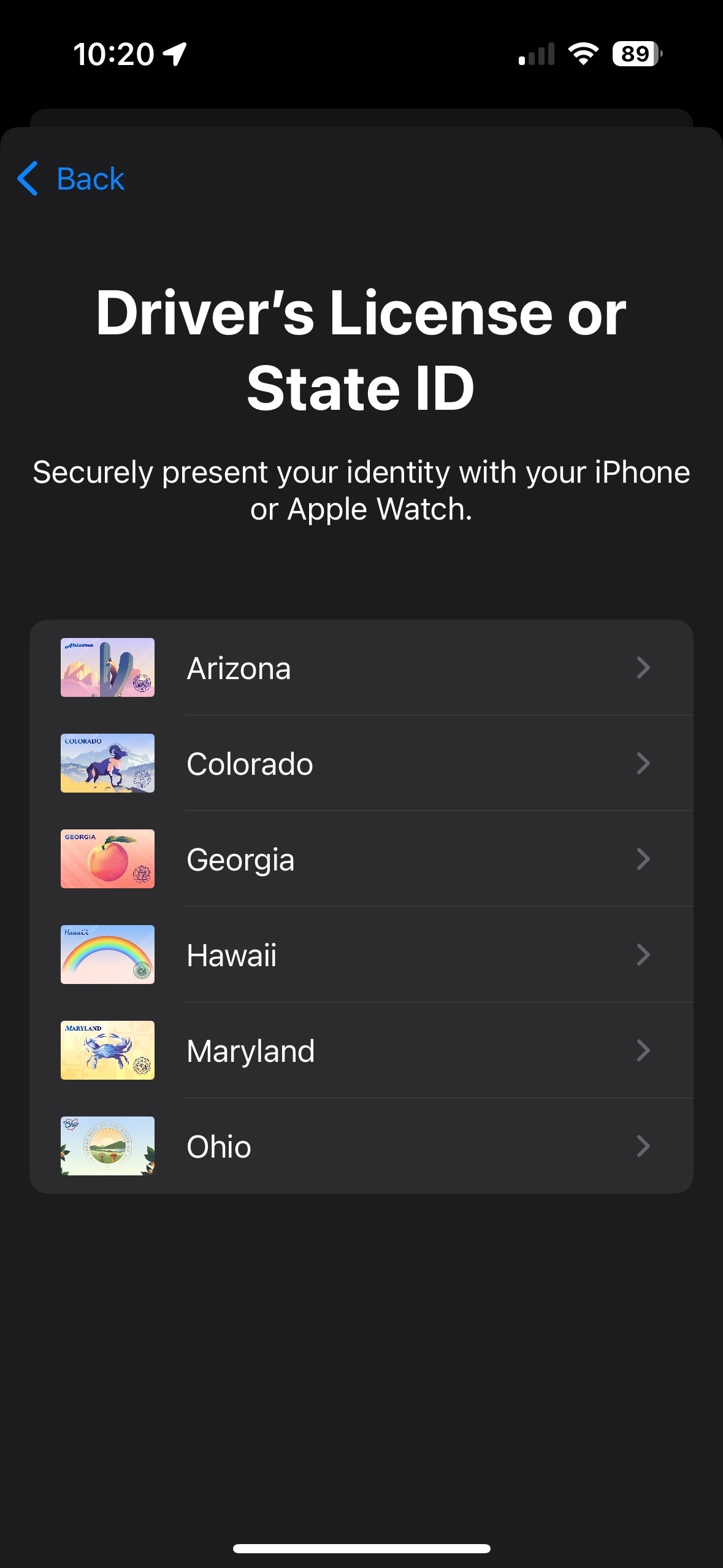iPhone screen displaying an option to present a Driver's License or State ID with Apple Wallet. States listed: Arizona, Colorado, Georgia, Hawaii, Maryland, Ohio