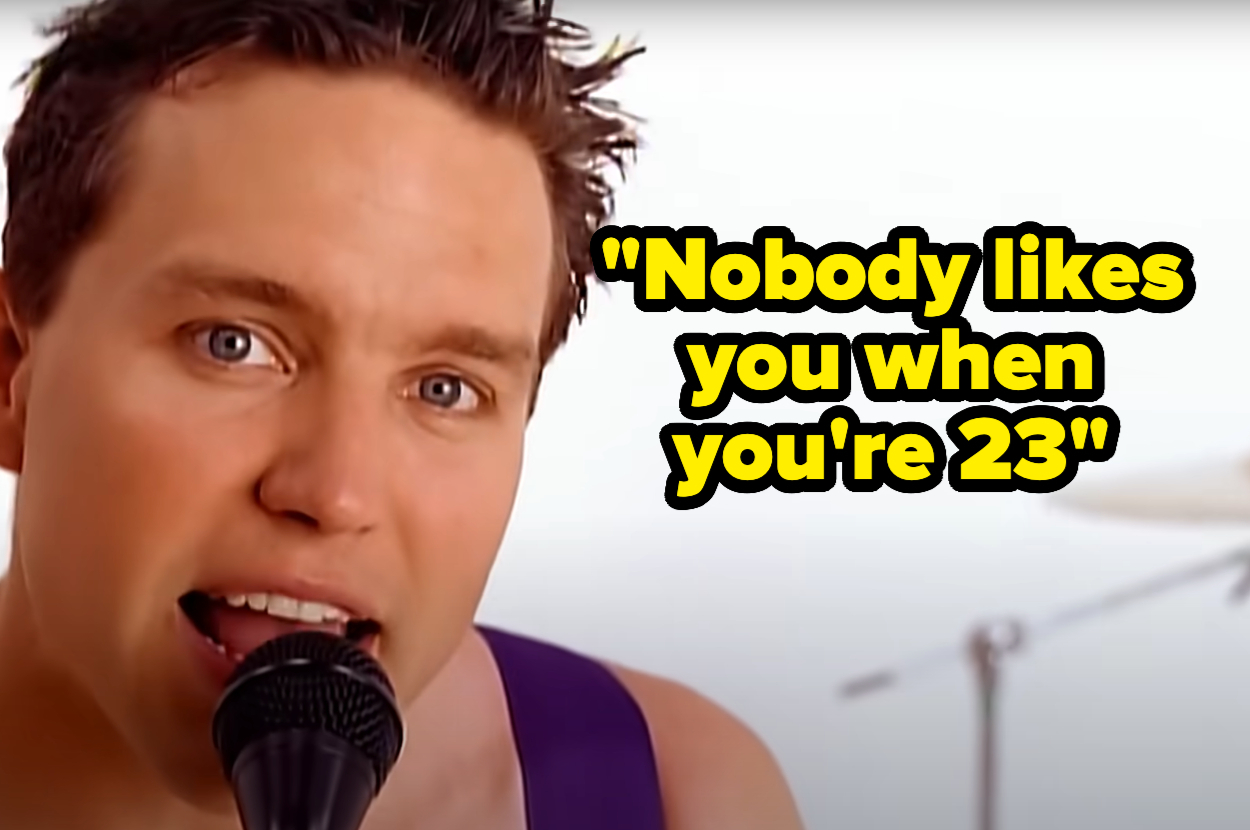 Mark Hoppus singing into a microphone with the text "Nobody likes you when you're 23"