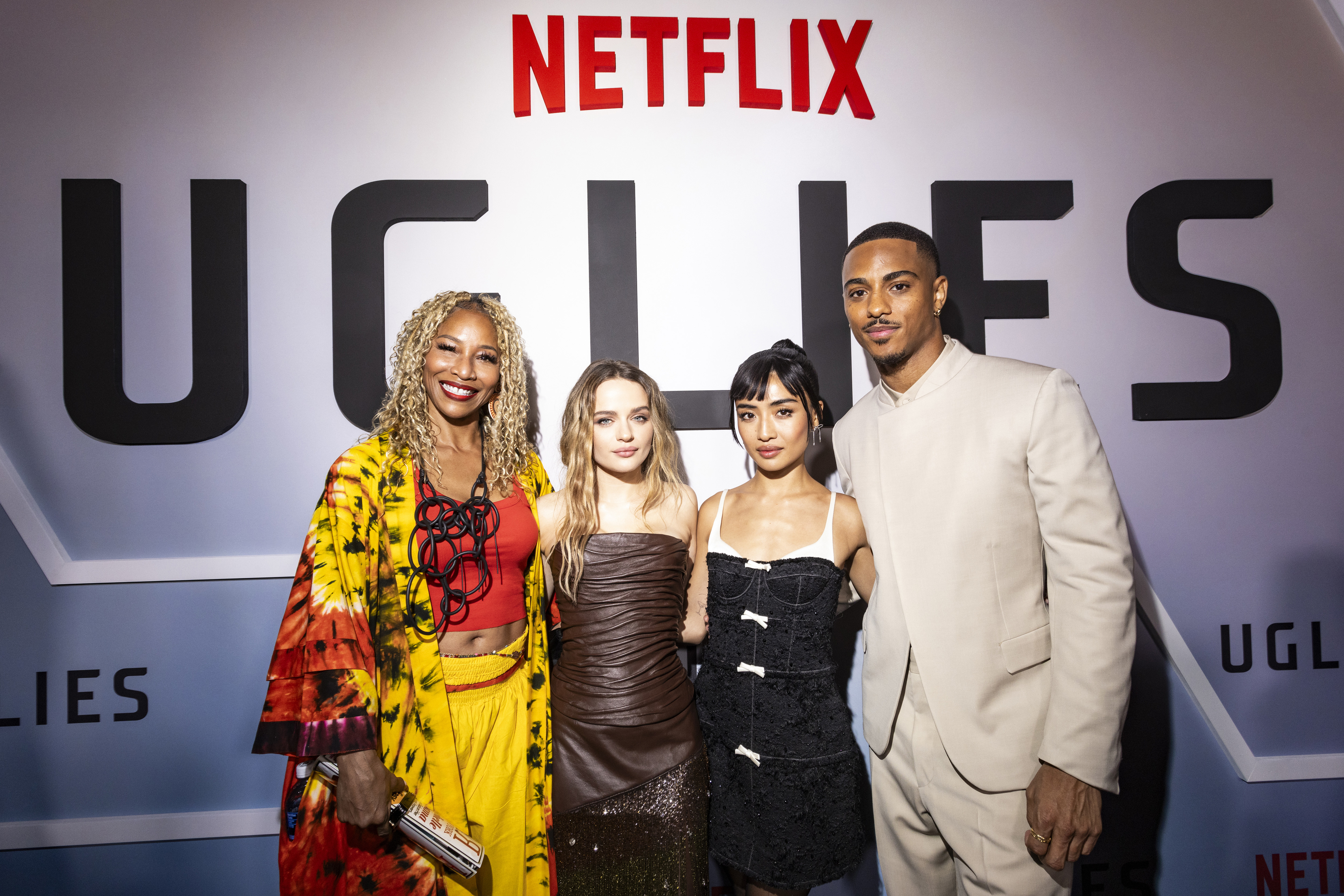 Charmin Lee, Joey King, Brianne Tju, and Keith Powers pose together at the Netflix "Uglies" premiere event