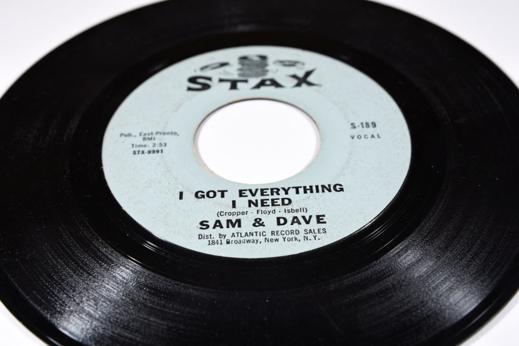 A vinyl record by Stax featuring the song "I Got Everything I Need" by Sam &amp;amp; Dave. The vinyl label includes credits to Cropper, Floyd, and Isbell