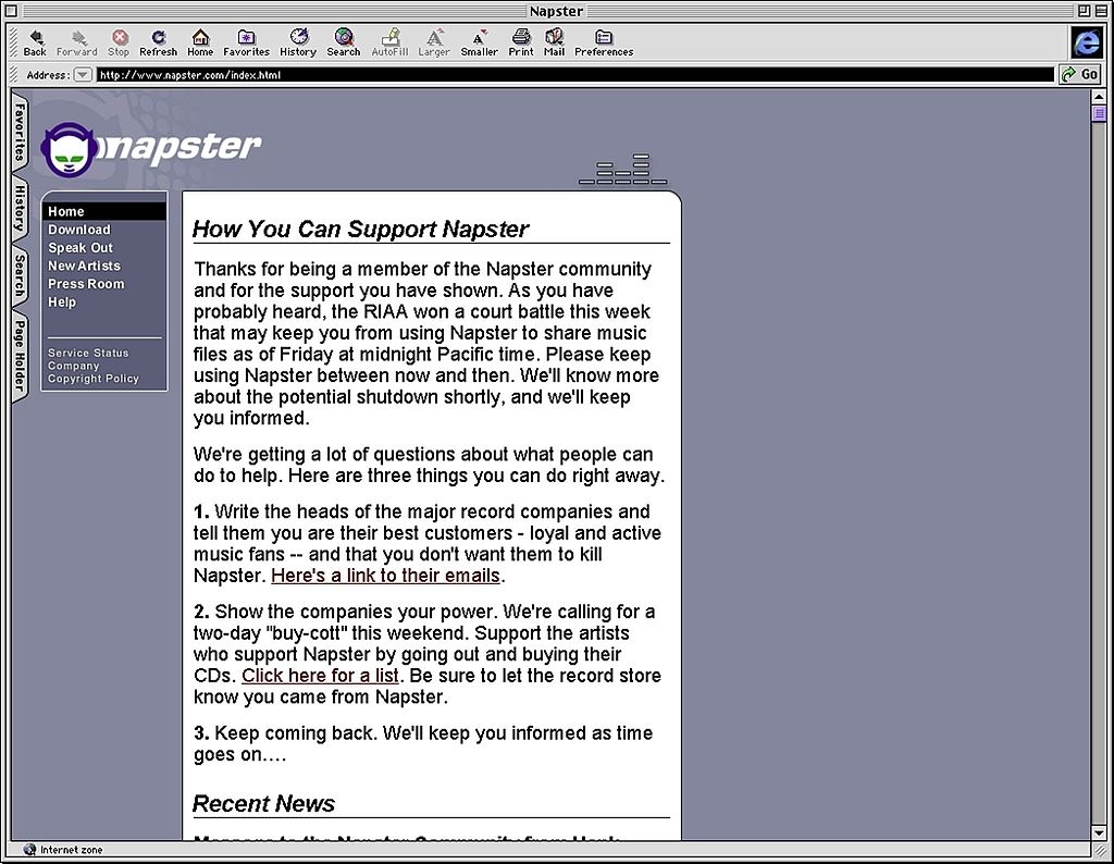 Napster donation page encouraging community support, suggesting contacting major record companies, showing Napster to friends, and buying artist CDs from legal stores